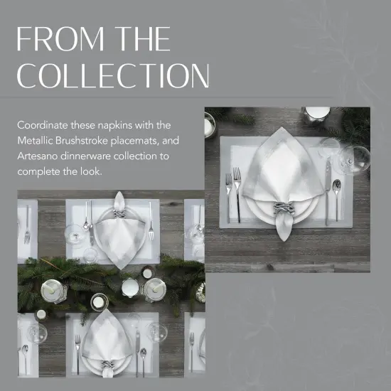 Linen Metallic Brushstroke Napkins, 21 Inches x 21 Inches, Set of 4, White and Silver {4}