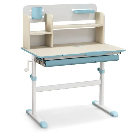 Blue Kids Height Adjustable Study Desk with Multilayer Open Shelves and Tiltable Desktop {1}