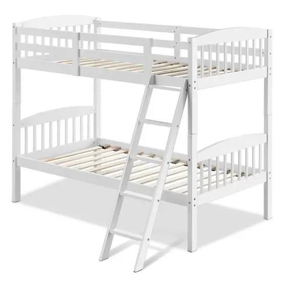 Wood Bunk Bed Twin with Inclined Ladder, Convertible, Safe and Space-Saving White {8}