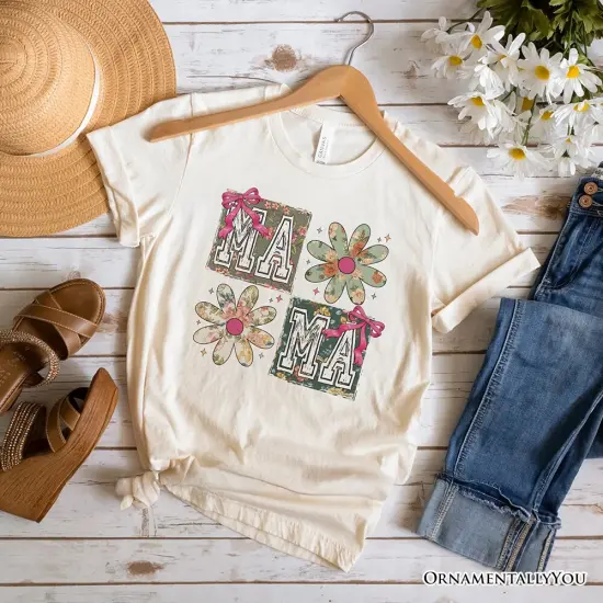 Floral Mama Coquette T-Shirt, White and Natural Boho Tee for Sweet and Stylish Moms {7}