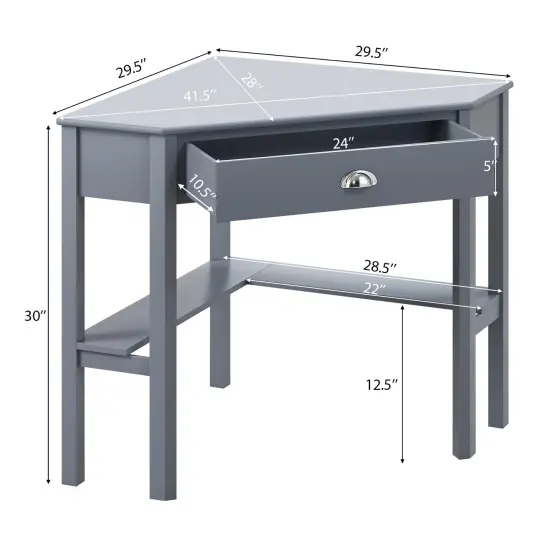 Wooden Corner Computer Desk with Big Storage Drawer and Two Open Shelves Grey {5}