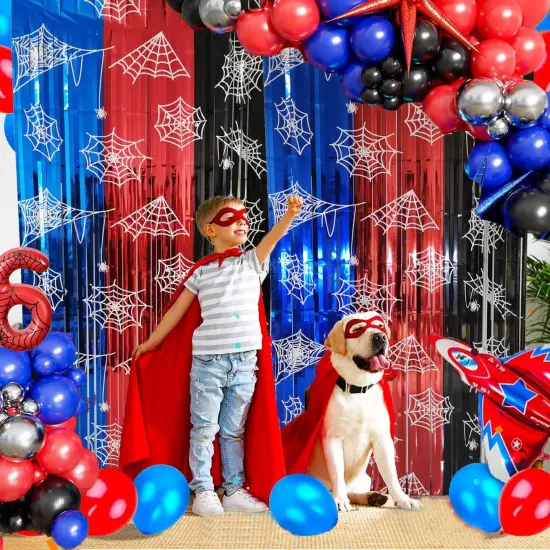 Spider Web Birthday Decorations 2 Pack Spider Party Supplies 3.3x6.6ft Red Blue and Black Spidey Tinsel Foil Fringe Curtains Backdrop Red and Blue Streamers Spider Theme Party Decorations {4}