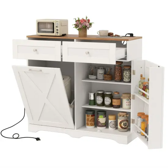 Tilt Out Wooden Trash Can Cabinet with 3 Position Adjustable Shelf and Power Outlets White {4}