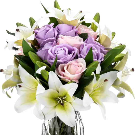 20 Pcs Summer Bouquets Artificial Flowers Velvet Realistic Roses and Latex Easter Lilies Flowers Bouquet Decorations Arrangements {1}