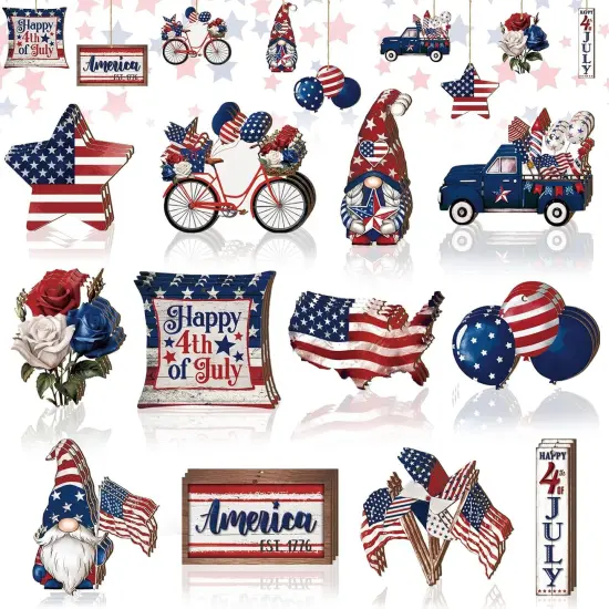 36 Pcs 4th of July Ornaments for Tree Patriotic Wooden American Flag Ornaments Memorial Day Tree Decorations Red White Blue Hanging Decorations for Independence Day Party(Classic) {1}