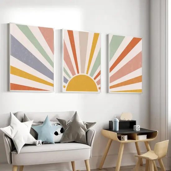 3pcs Summer Boho Canvas Wall Art Rainbow Sun Rising on the Horizon Geometric Nature Illustration Line Pictures Wall Decor Posters Prints for Toddler Kids Room Home Decoration Unframed {5}