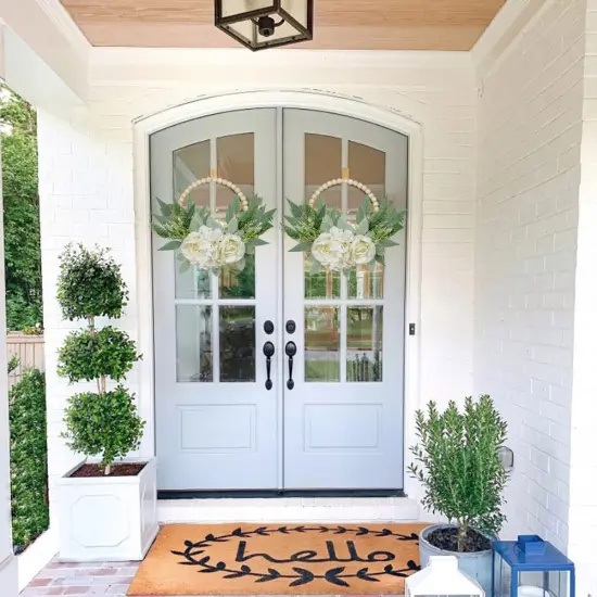 Spring Wreaths for Front Door 10" Artificial Floral Wood Bead Wreaths Eucalyptus Leaves Rose Hydrangea Wreaths for Front Door Boho Farmhouse Wall Decor 2 Pack - White {2}