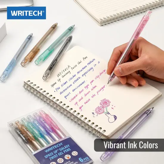 Twist Gel Ink Pens: Multicolor Medium Point 0.7mm 6ct Low Center of Gravity Rotatable Pen No Smear Silent Click Space Up Gel Galaxy {5}