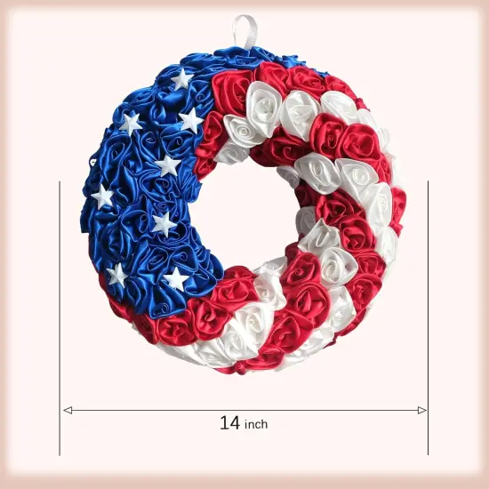 14 Inch Patriotic Roses Handcrafted Wreath, Artificial 4th of July Soft Touch Silk Roses and Metal Stars Wreath for Wall Decor {3}