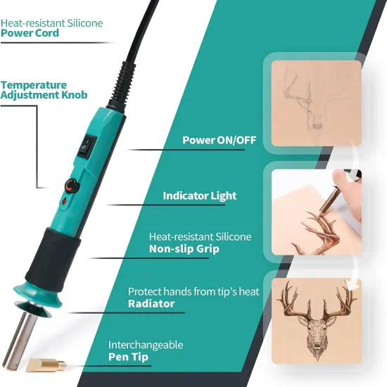 Pyrography Wood Burning Pen Kit Adjustable Temperature, Power Switch, Heat Deflector, Rubber Grip with 10 Pyrography Tips, 2 Wood Pieces, Flip-Up Pen Stand, for Woodburning DIY Crafts {3}