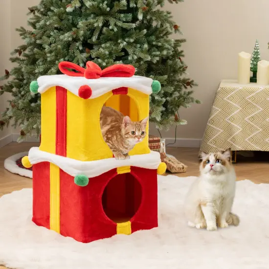 2 Gift Box Shaped Cute Christmas Cat House with 2 Spacious Condos Ideal for Indoor Cat {2}