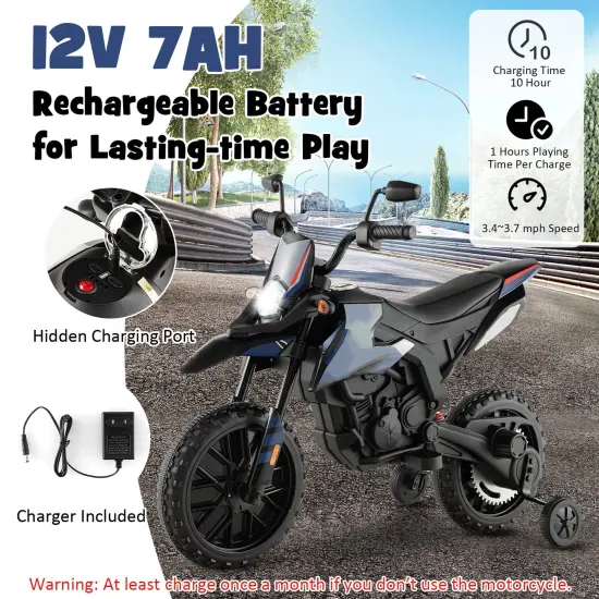 Metal 12V Kids Motorcycle with Dual Motors, Music and Training Wheels Navy {5}