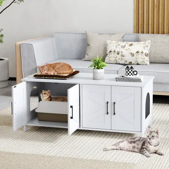 MDF Engineered Board Cat Litter Box Enclosure with Barn Door and Multi-Functional Design White {5}