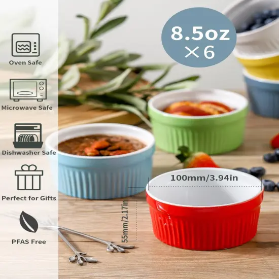 Ramekins Oven Safe, 8 oz Ramekins for Baking Souffle Ramekins Set of 6, Ceramic Dipping Sauce Cups for Pudding, Ice Cream, Custard, Dessert Bowls Porcelain, Dishwasher Safe, Multi color {2}