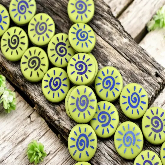 *8* 17mm Opaque Satin Chartreuse Blue Iris Laser Tattoo Sun Coin Beads {2}