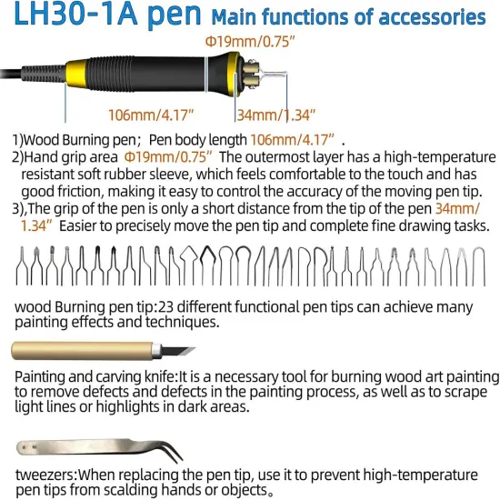 LH30-1 wood burning tool,wood burning kit pen 25~750℃,professional wood burning kit,with digital thermometer temperature adjustable temperature,1 wood burning pens, 30 pen tips(LH30-1A pen) {2}