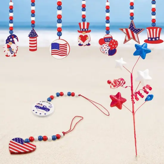 12 Pieces Independence Day Wood Bead Garland with Wooden Tag 4th of July Patriotic Wooden Bead Hanging Ornaments American Flag {4}