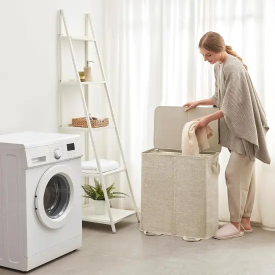 Double Laundry Hamper with Lid and Removable Laundry Bags, Large Collapsible 2 Dividers Dirty Clothes Basket with Handles {5}