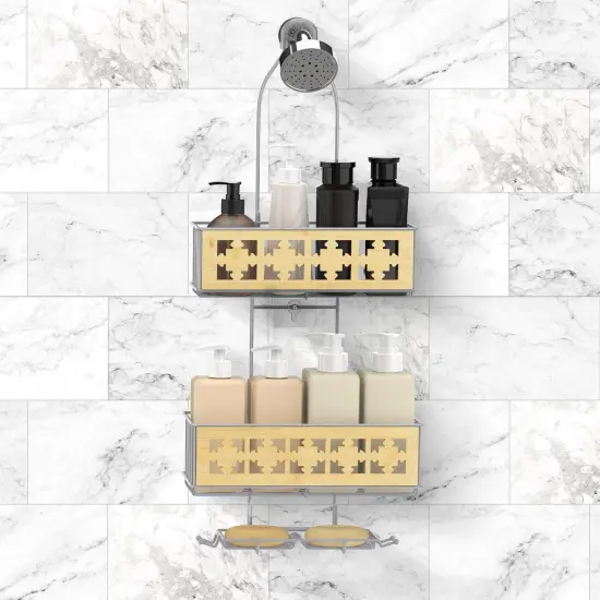 3-Tier Hanging Shower Caddy Over Shower Head &ndash; Rustproof Bathroom Organizer with Soap Holder, Bamboo Board & Hooks, No-Drill Installation (28.7"H, 40 lb Capacity) Silver {5}
