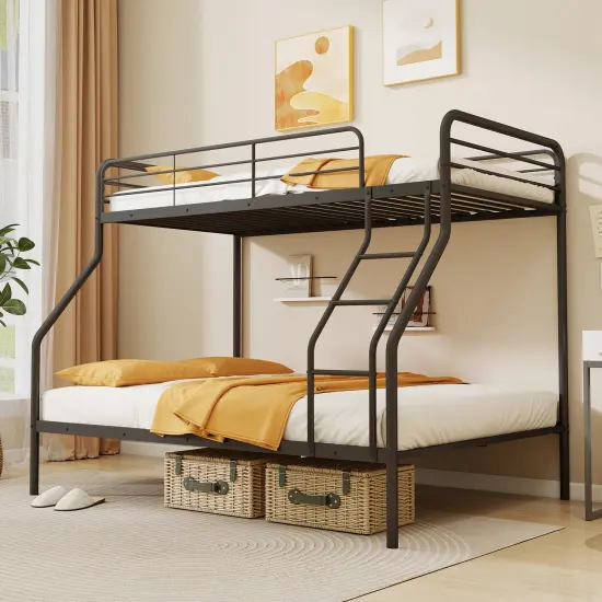 Twin Over Full Metal Bunk Bed with Guardrails, Ladder, Storage Space and Sturdy Construction Black {5}