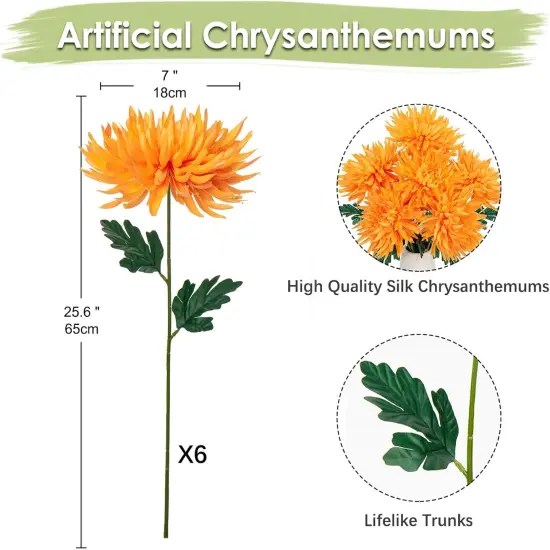 6Pcs Summer Bushes Orange Artificial Mums Flowers {2}