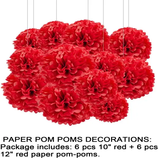 12pcs Red Paper Pom Poms Decorations for Party Ceiling Wall Hanging Tissue Flowers Decorations - 1 Color of 12 Inch, 10 Inch {4}