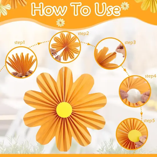 9 PCS Orange Paper Flowers Decorations for Wall Paper Fans Daisy Decoration Paper Floral Backdrop Decor Paper Fans Decoration {3}