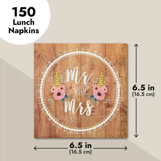150-Pack Mr and Mrs Napkins, Disposable, Rustic-Style Wedding Napkins for Reception, Bridal Shower Decorations, Engagement Party Supplies (6.5x6.5 in) Bulk Pack {5}