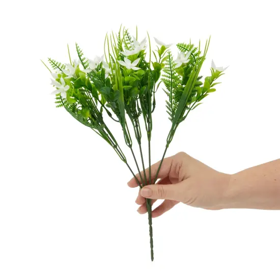 White Artificial Flowers, Jasmine Shrub with 2 Cone Vases for Cemetery (8.6 x 13 In, 6 Bundles) {4}