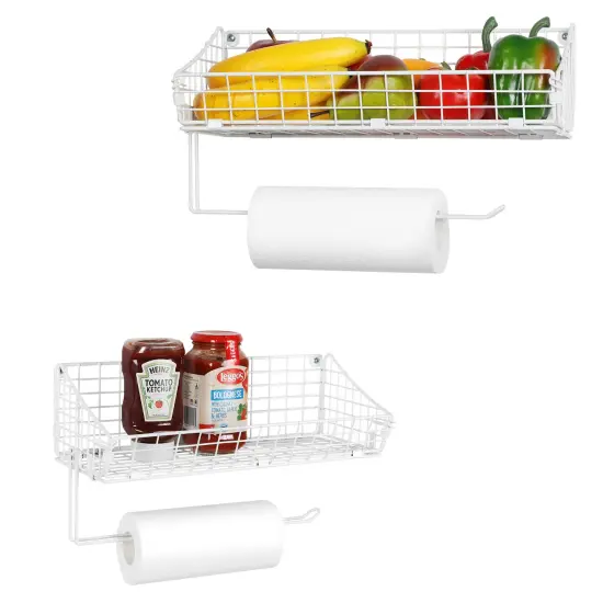 2PCS White Multi-Functional Wall-Mounted Metal Basket Organizer with Foldable Paper Towel Holder &ndash; Space-Saving Storage Shelf for Kitchen, Bathroom, Bedroom & Hallway {1}