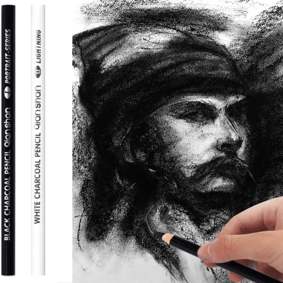 2 Pcs Black White Color Charcoal Pencils, Professional Hight Quality Sketch Highlight Charcoal Wooden Pencils for Artist Drawing, Sketching, Blending, 2 Colors of 1 Black, 1White {1}