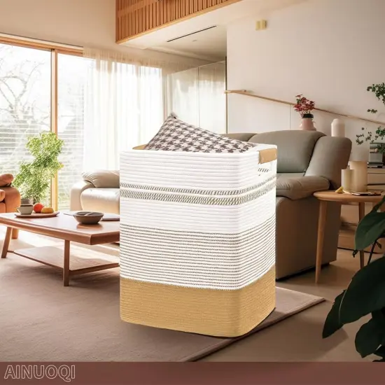 Laundry Hamper - 85L Large Laundry Basket with Leather Handles, Decorative Storage Basket for Blankets - Cotton Rope Woven Baskets for Storage, Clothes Hamper for Living Room, Jute & White {3}