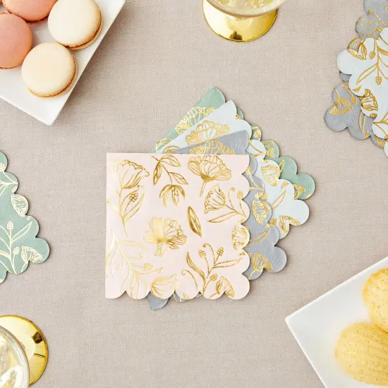 100 Pack Gold Foil Cocktail Napkins with Scalloped Edge - 4 Designs, 5x5 inch Mixed Green Party Napkin for Girl Baby Shower, Wedding, Birthday Party, Celebrations Multicolor {2}