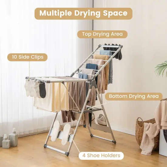 5-Level Adjustable Height Folding Clothes Drying Rack with 10 Side Clips and 4 Shoe Holders {6}