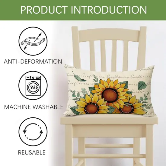 Spring Summer Sunflower Lumbar Decorative Throw Pillow Cover 12 x 20, Rectangular Floral Flower Eucalyptus Leaves Outdoor Home Decor, Fall Autumn Seasonal Couch Cushion Case {2}