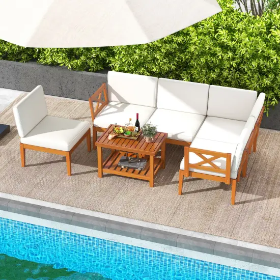 6 Pieces Wooden Patio Conversation Furniture Set with 2-Tier Rectangular Coffee Table {2}