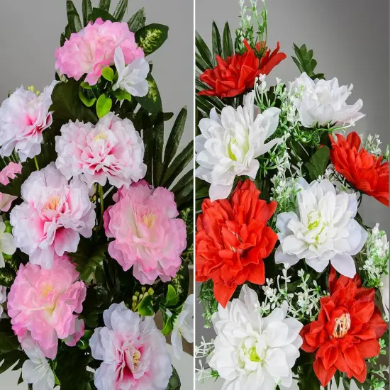 Artificial Cemetery Flowers, Spring Memorial Bouquet with Vase, Outdoor Grave Flowers Decorations, Artificial Dahlia Bouquet for Graveyard, Headstone Decoration, Set of 4 {5}
