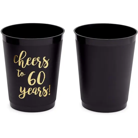 16 Pack Cheers to 60 Years Plastic Party Cups - 60th Birthday Decorations for Men and Women, Anniversaries (Black, 16 oz) {6}