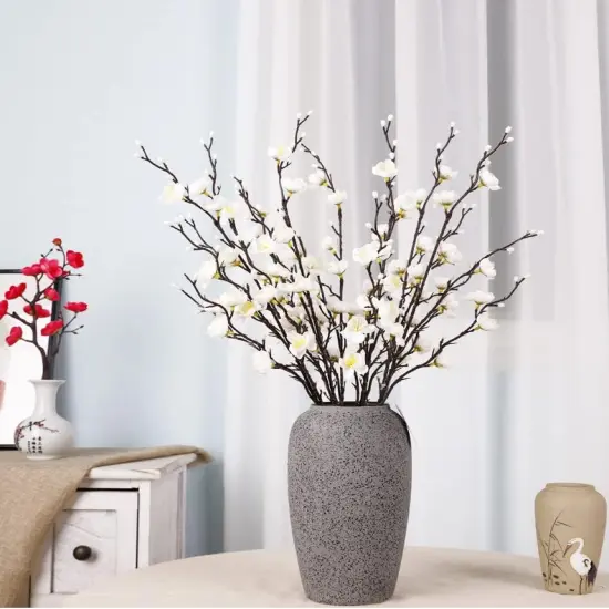 6 Pcs Artificial Plum Blossom Fake Wintersweet Long Stem Plastic Flowers Home Hotel Office Wedding Party Garden Decor 21.5'' High White {4}