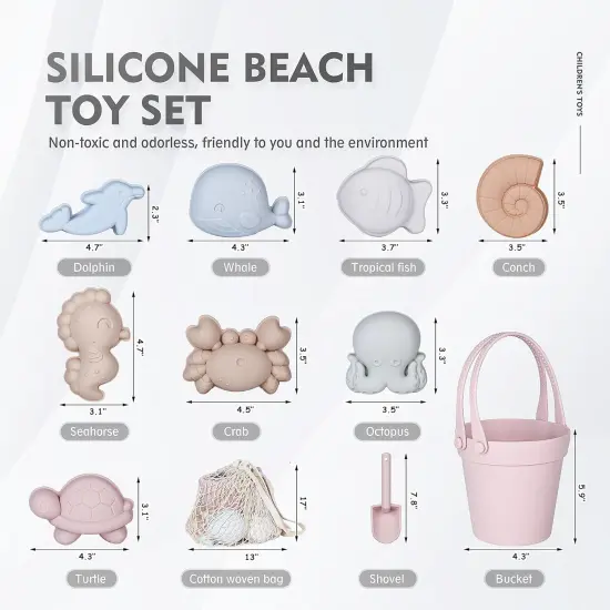 11Pcs Summer Silicone Beach Toys,Modern Baby Beach Toys,Travel Friendly Beach Set,Silicone Bucket, Shovel, 8 Sand Molds, Beach Bag,Silicone Sand Toys for Toddlers, Kids (Pink) {2}