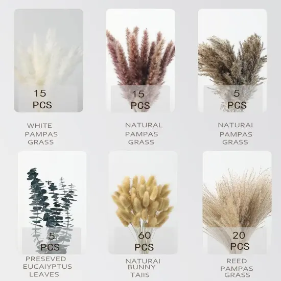 120 PCS Dried Pampas Grass Decoration, Pampas Grass with Preserved Eucalyptus Leaves Dried Flowers, Reed Grass Bouquet for Bohemian Flowers Home Table Wedding Decoration {2}