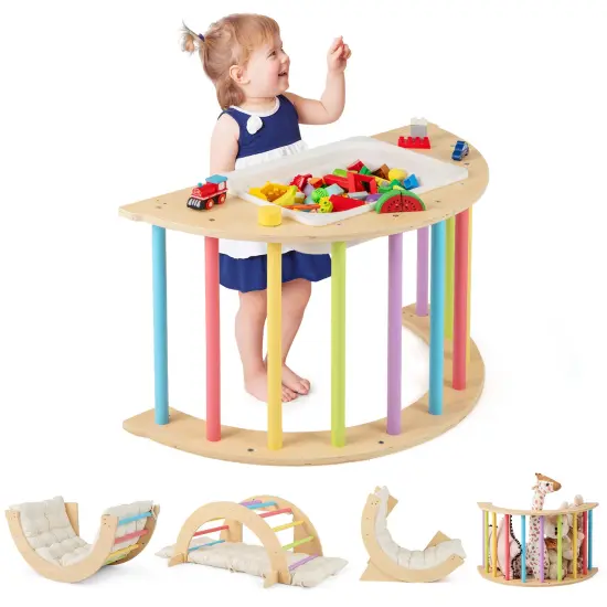 Wooden 6-in-1 Kids Climbing Arch Playset with Cushion, Storage Bin and Safety Features Natural {7}