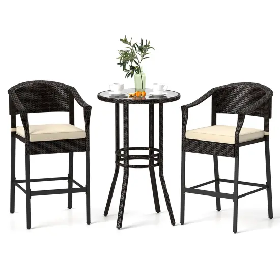 3-Piece Patio Rattan Bar Set with Round Glass Table-Top and 2 Armchairs Brown {3}