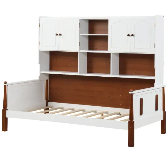 Pine Wood Twin Bed with Bookcase, Storage Shelves and Modern Vintage Design {1}