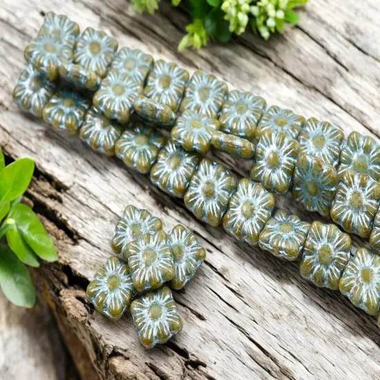 *13* 11mm Metallic Turquise Washed Pale Blue Travertine Square Zinnia Flower Beads {1}