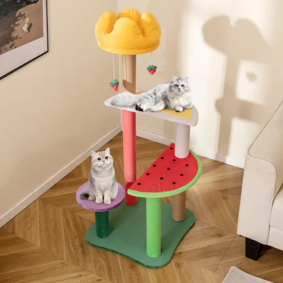 Multi-Color Plush Cat Tree with Scratching Posts and Fruit-Themed Perches {2}