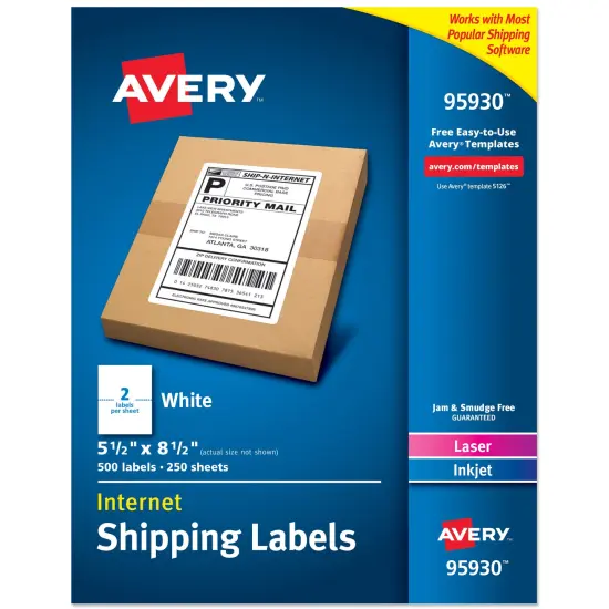 Avery Half Sheet Printable Shipping Labels, 5.5" x 8.5", White, 500 Blank Mailing Labels, Great for Packages, Product Labels, Organization, and More (95930) {1}