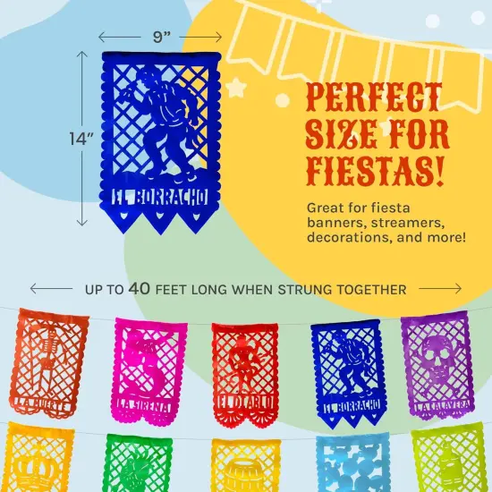 Mexican Party Banner Set (50-ft, PAPER) - Papel Picado with Mexican Bingo Card Designs - Party Decorations for Cinco de Mayo, Birthday Party Decor (4 strands x 12.5ft) - TexMex Fun Stuff {2}