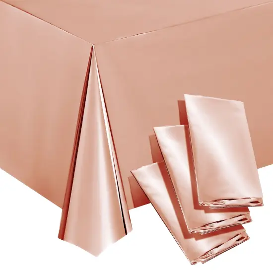 3 Pack Rose Gold Plastic Tablecloth, Metallic Table Cover Disposable for Pink Birthday Parties, Gender Reveal, Bridal Shower Decorations (54 x 108 In) {1}