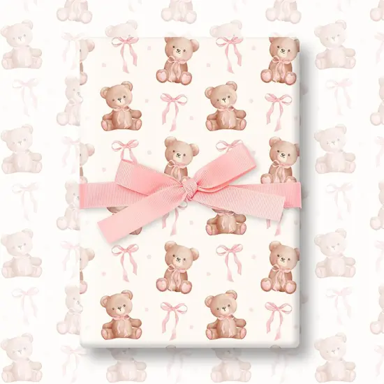 6 Sheets Bear Wrapping Paper - Not Roll - Pink Brown Ribbon Bow Gift Wrap Paper Folded Flat for Birthday Baby Shower DIY Crafts, 19.7 x 27.6 Inch {1}